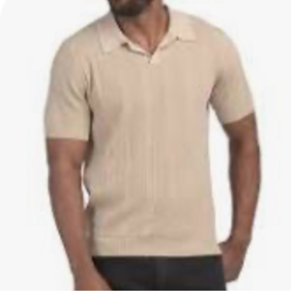 Magaschoni Tan Neutral Textured Short Sleeve Collared Knit Sweater Polo Shirt XL